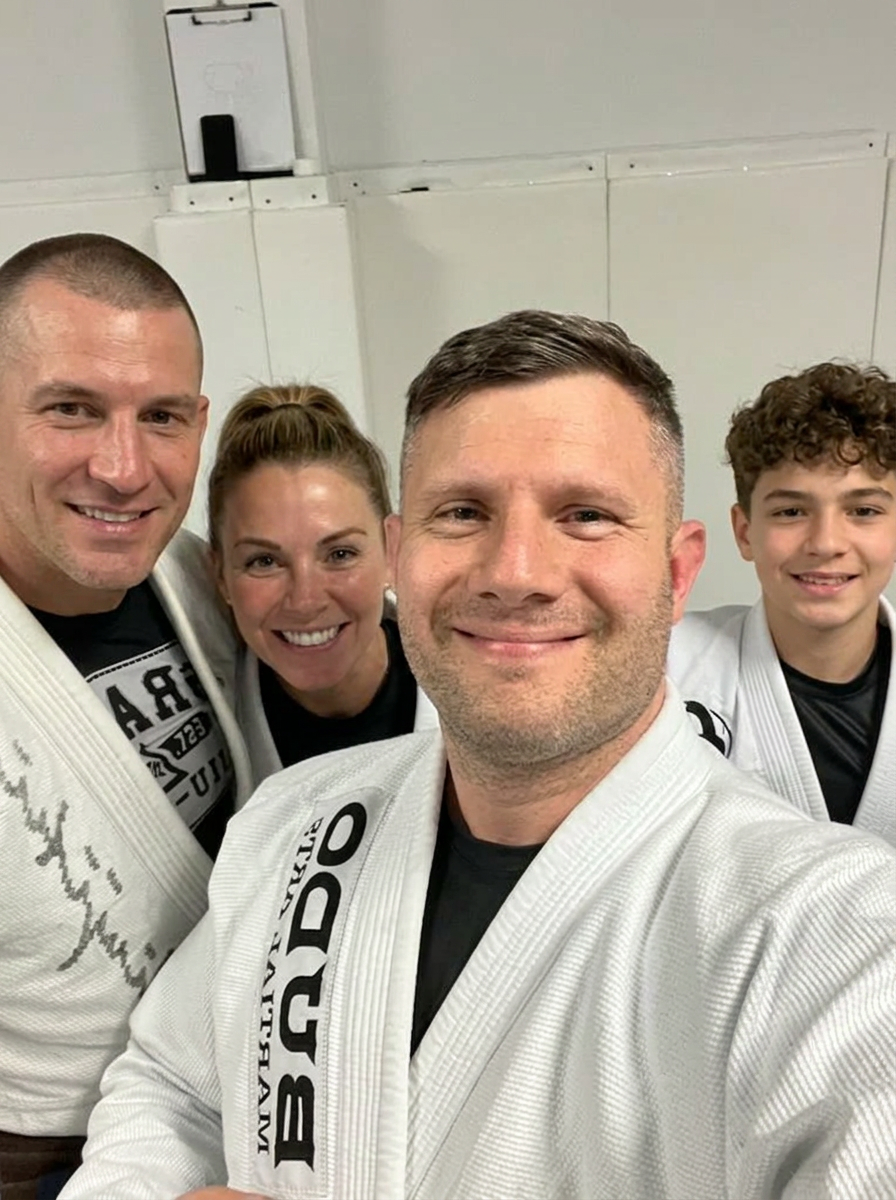 Charlie Vinch with adult BJJ students after class at Budo Martial Arts