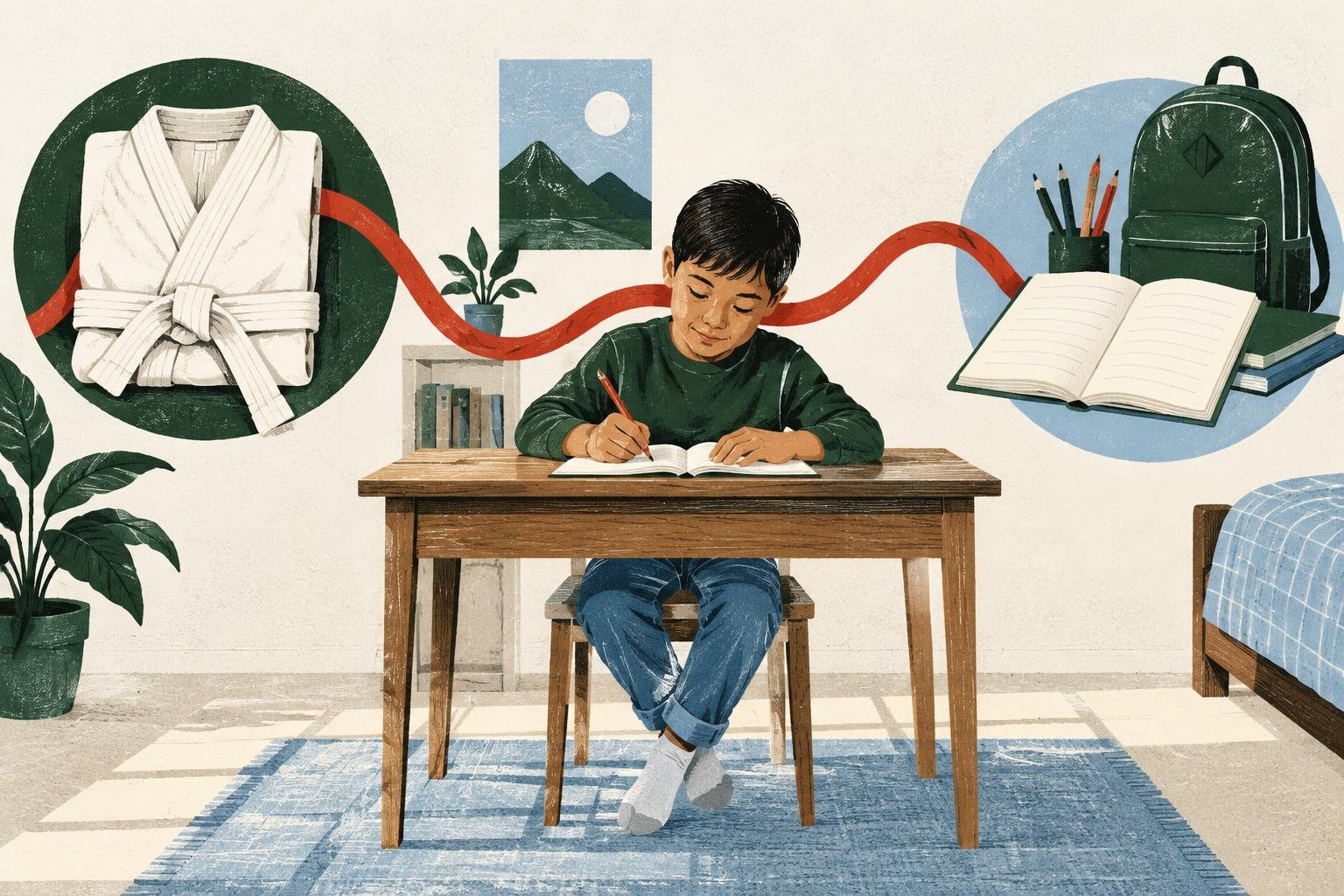 Editorial illustration connecting a martial arts uniform with a child’s homework routine